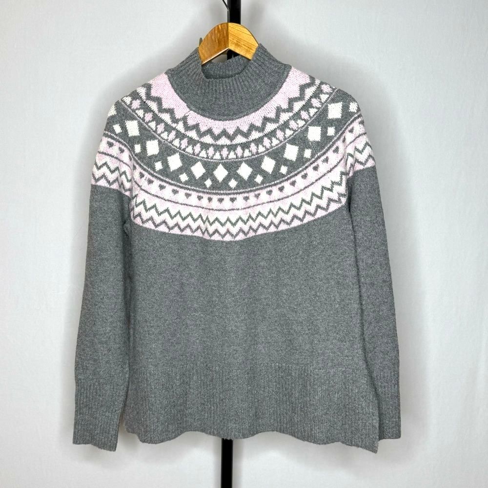Tahari Pink and Gray Cowl Neck Sweater with Nordic Pattern